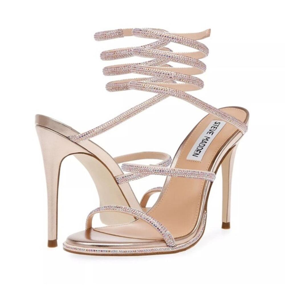 Steve Madden 9.5 Rose Gold Exotica Leg Coil Stiletto Heel Strappy Dress Sandals